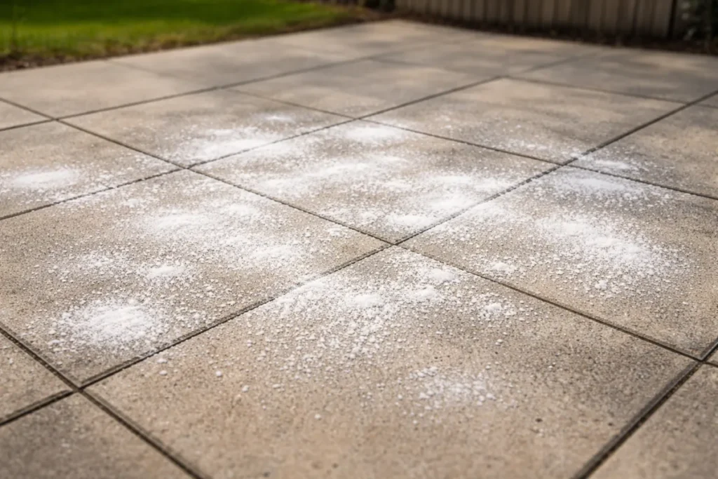Baking soda scattered across patio tiles to absorb odors before rinsing