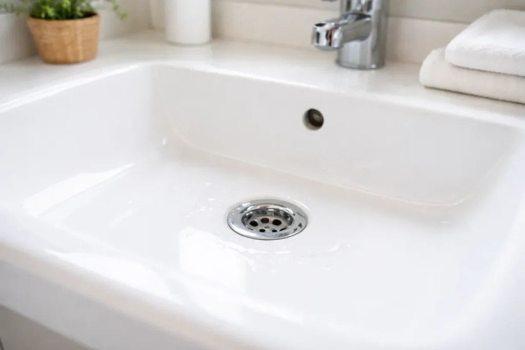 Bathroom sink drain being cleaned to remove odor-causing buildup