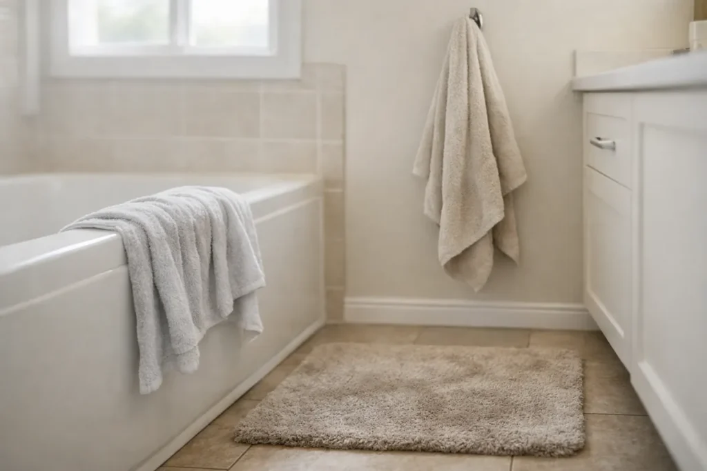 Wet towels and bath mat left damp in a bathroom near the tub