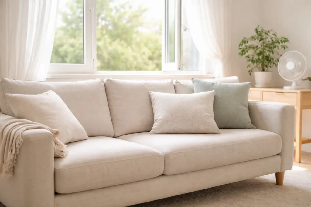 Clean couch in a bright, well-ventilated living room