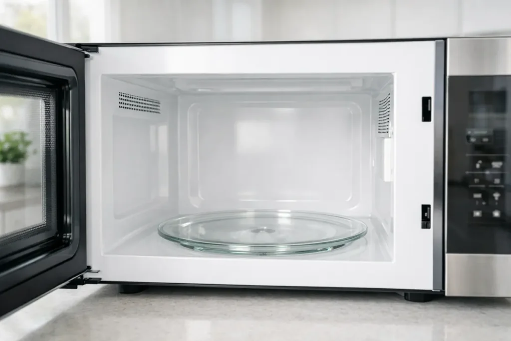 Clean, empty microwave interior with open door and glass turntable