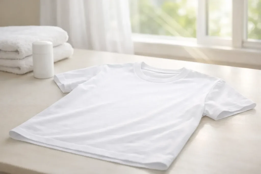 Clean white shirt on a table in natural sunlight