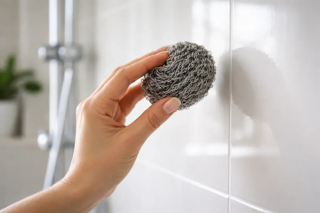 Hand holding steel wool against a shower wall, showing why abrasive scrubbers can scratch tile and glass