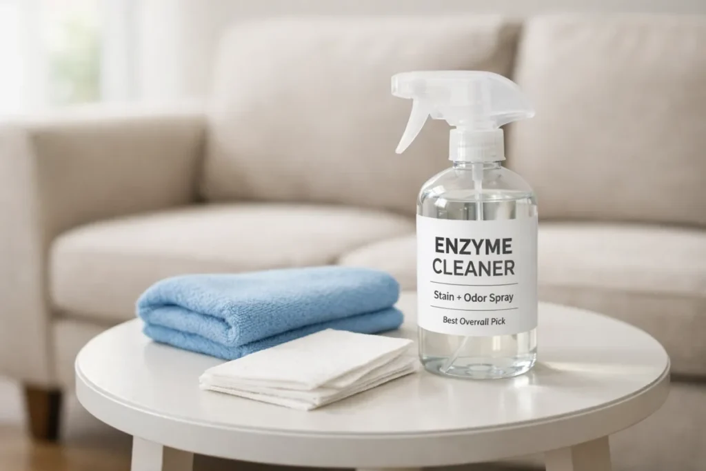enzyme cleaner spray bottle on table with cleaning towels