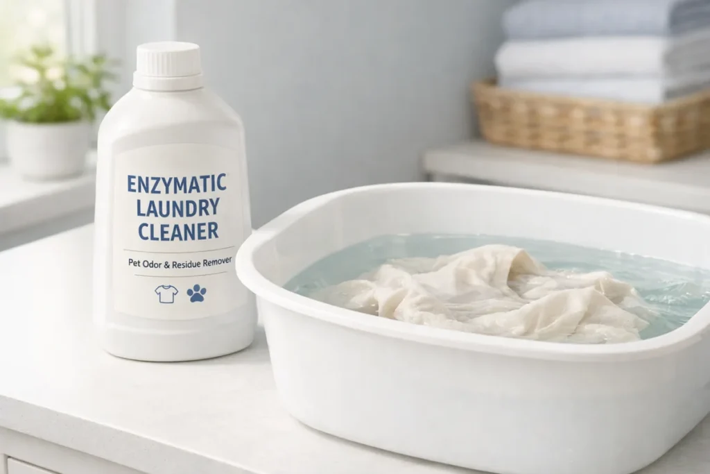 Clothes soaking in water with enzymatic laundry cleaner to remove cat urine odor