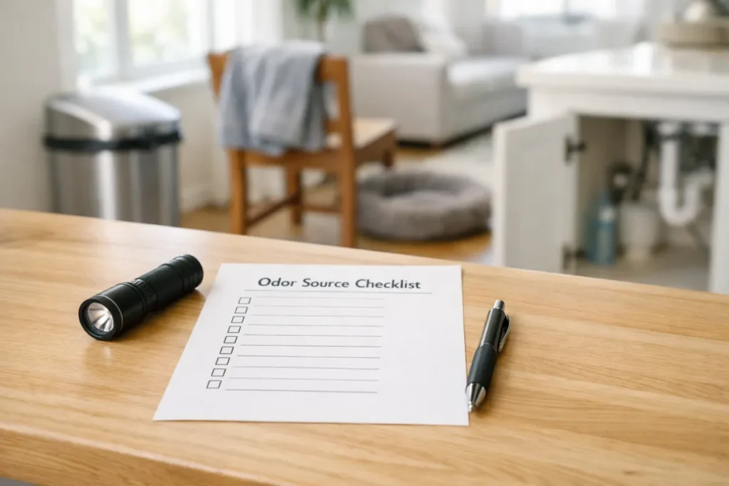 Checklist and flashlight on a kitchen counter used to find the source of a bad smell at home