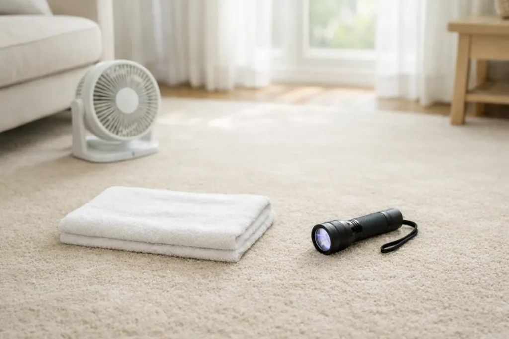Fan and folded towels on carpet to help dry cleaned areas after cat pee accidents