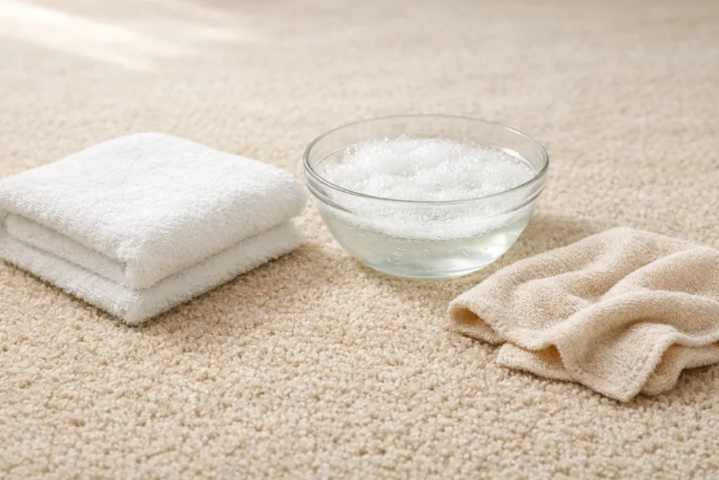 Bowl of mild soapy water and clean towels on carpet for gently cleaning cat pee