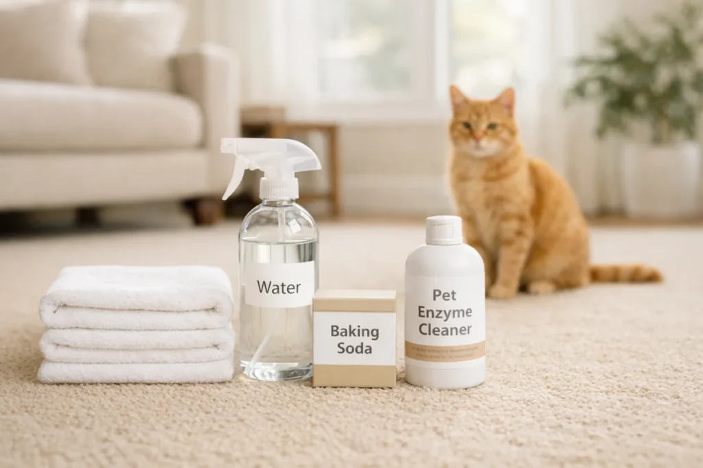 Cleaning supplies used to remove cat pee from carpet, including baking soda and enzyme cleaner