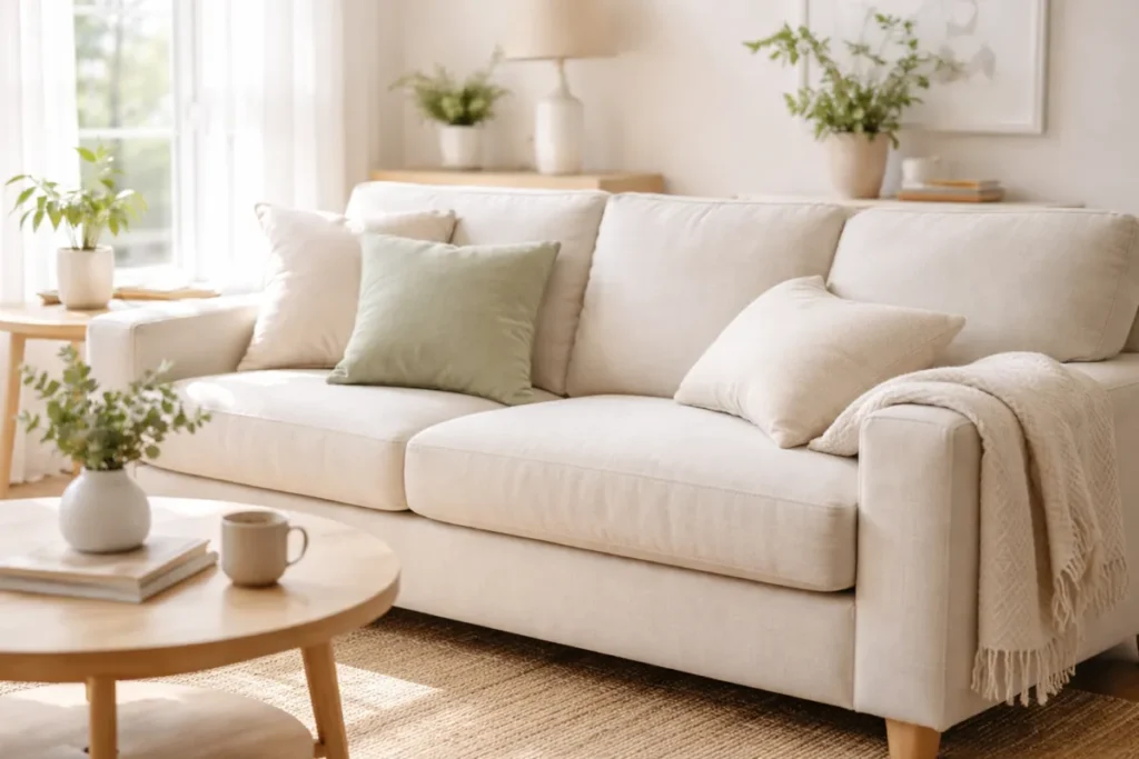 clean fabric couch in bright living room