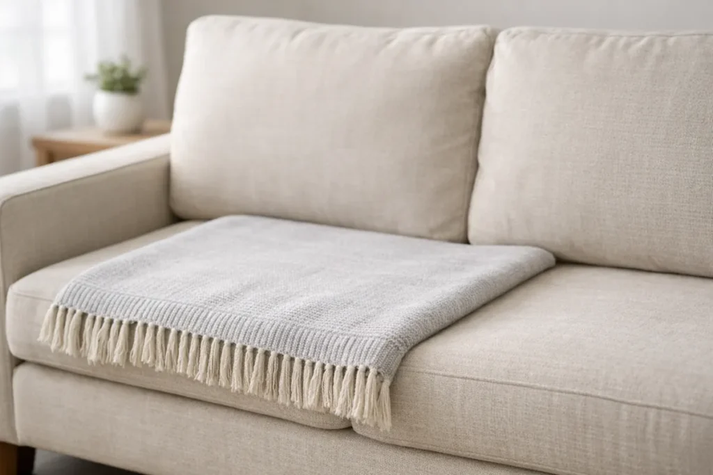 Beige couch with a washable throw blanket to help prevent pet hair buildup