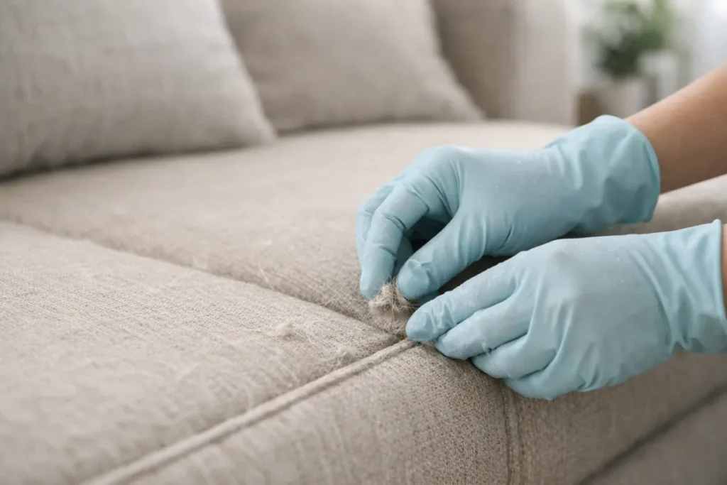 Hands wearing rubber gloves lifting pet hair from couch cushion seam
