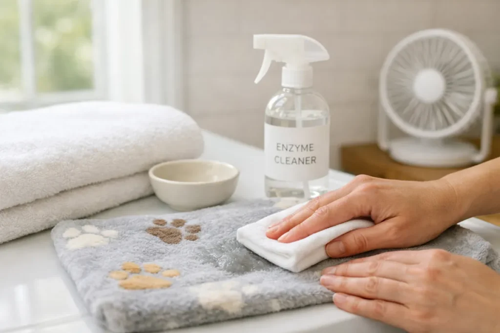 Blotting pet urine from fabric with an enzyme cleaner and clean cloth