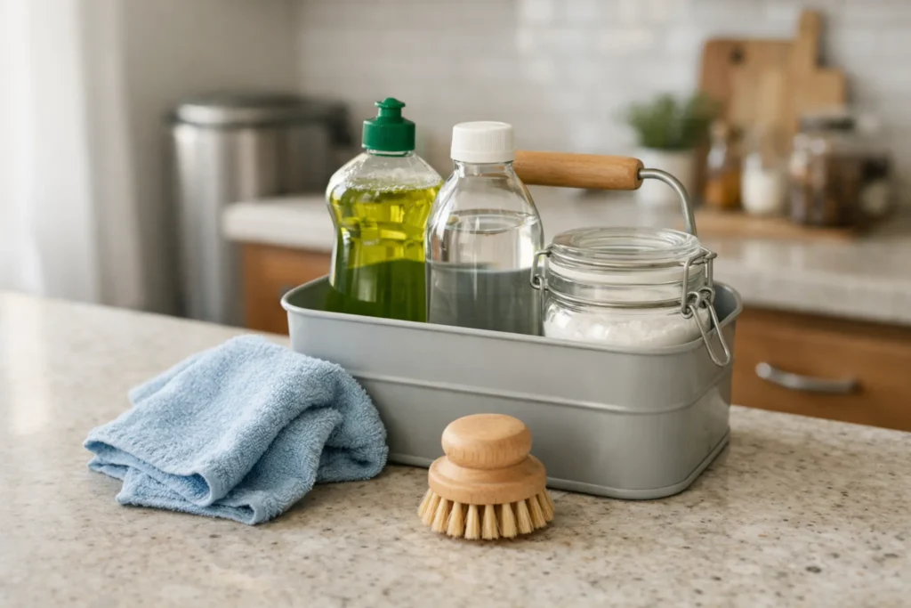 Simple trash can cleaning kit with soap, vinegar, baking soda, and brush in a bright kitchen