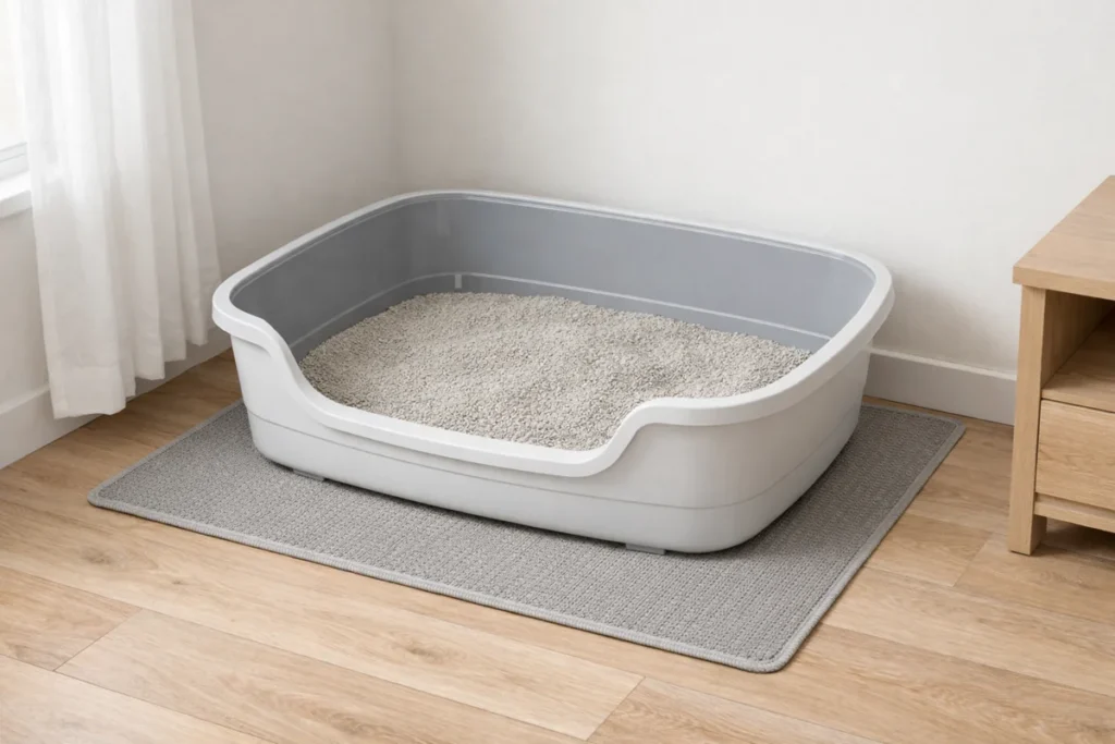 Large open litter box with unscented clumping litter on a mat in a small apartment corner