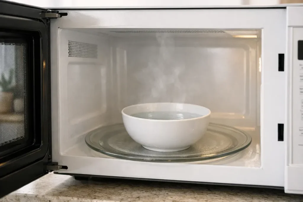 Bowl of diluted vinegar and water heating inside a microwave to loosen grease and odors