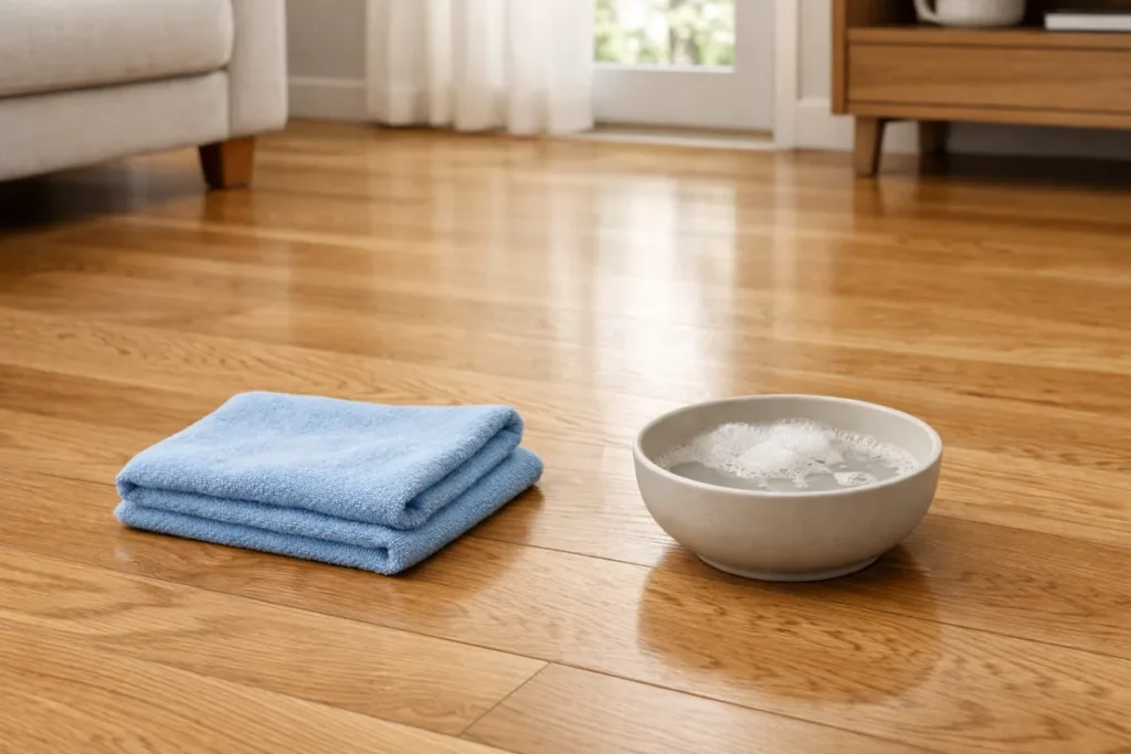 mild soapy water in a bowl with a folded microfiber cloth on a hardwood floor
