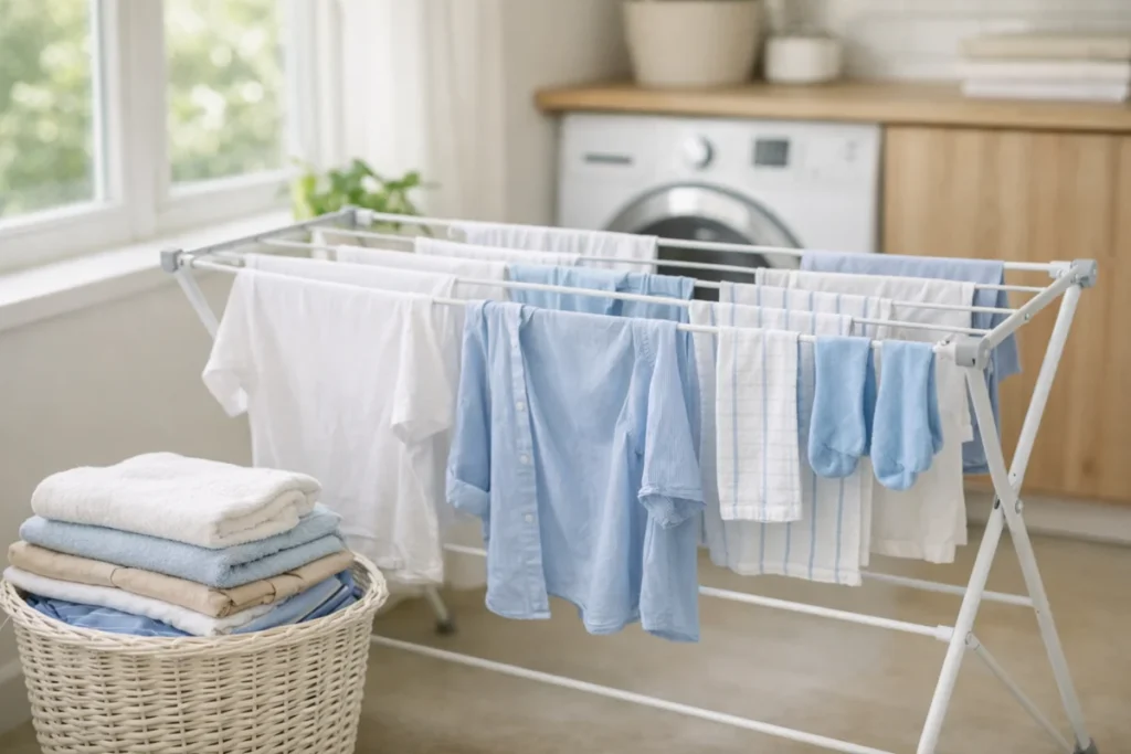 Clean clothes air-drying on a rack in a bright laundry room to prevent urine odors