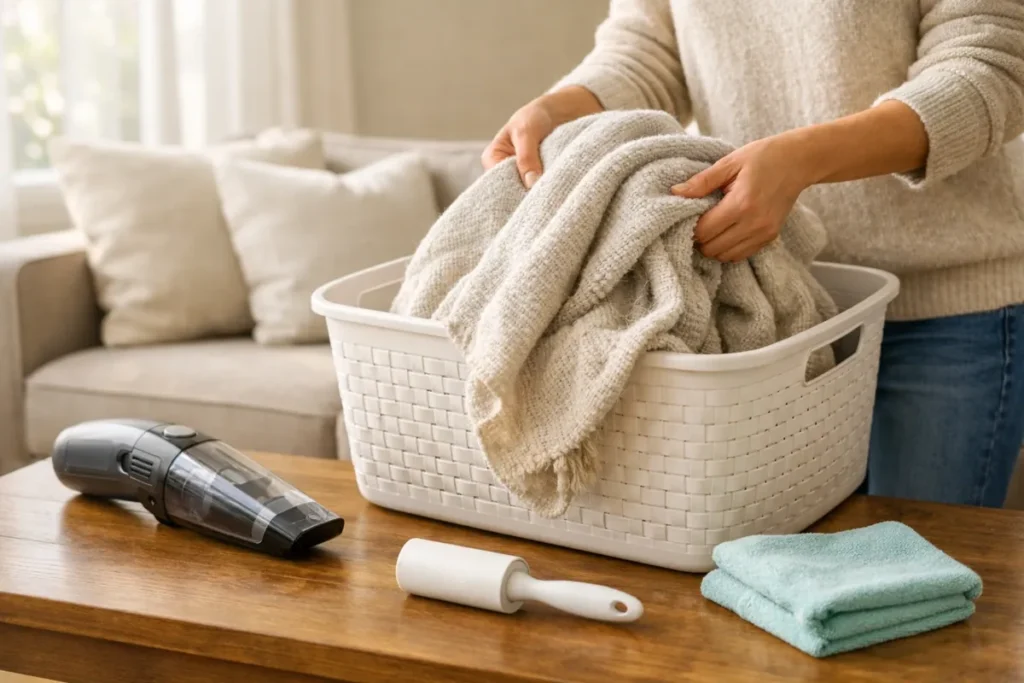 Person placing a sofa throw blanket into a laundry basket for a weekly couch reset