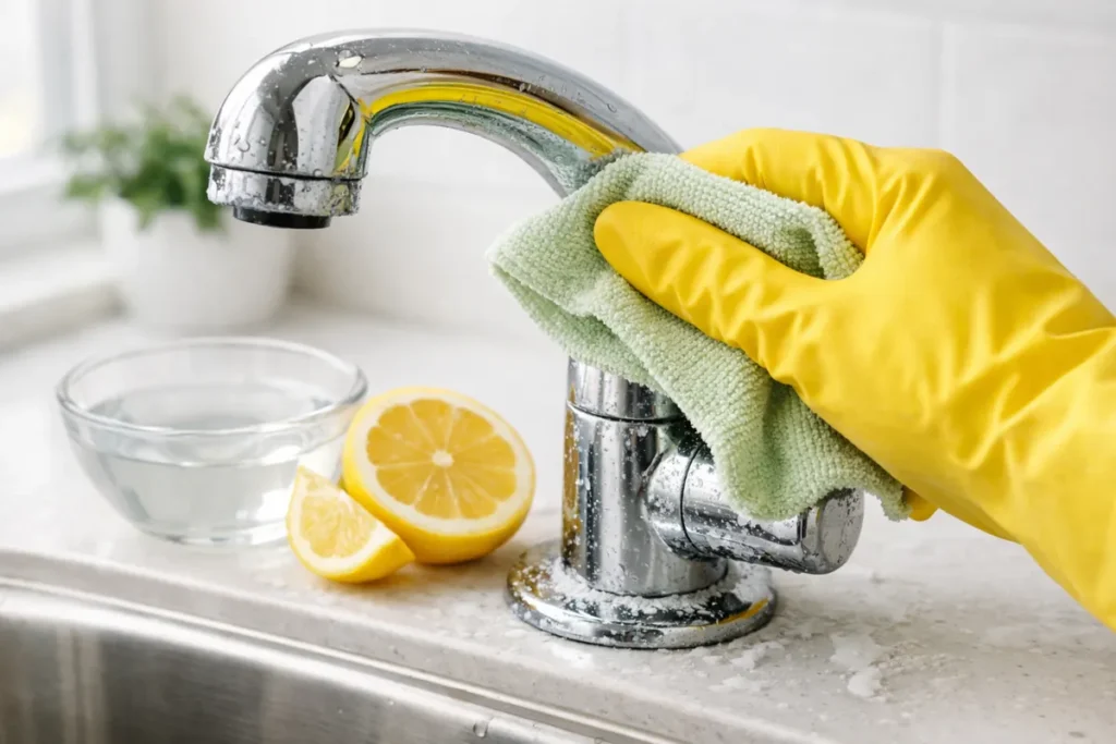 Bathroom faucet with limescale buildup being cleaned with a cloth and lemon