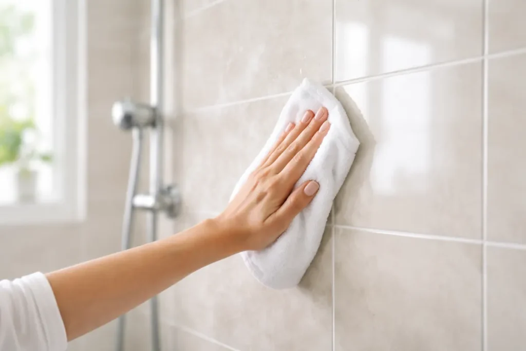 Hand wiping soap scum from a tiled shower wall with a microfiber cloth