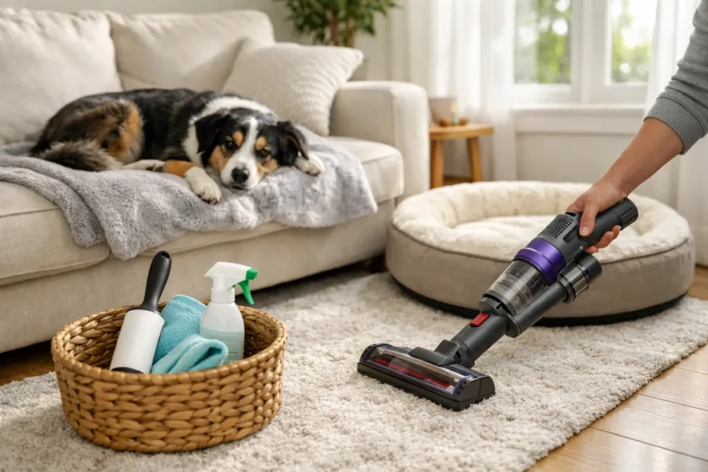 Person vacuuming a rug while a dog rests on a sofa in a bright living room