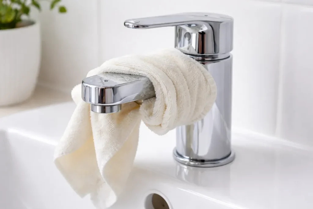 White cloth wrapped around a chrome bathroom faucet to loosen limescale using vinegar