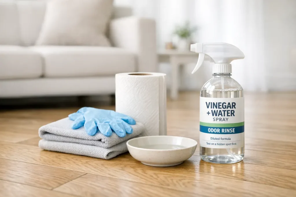 vinegar and water spray bottle with towels and paper towels on a hardwood floor