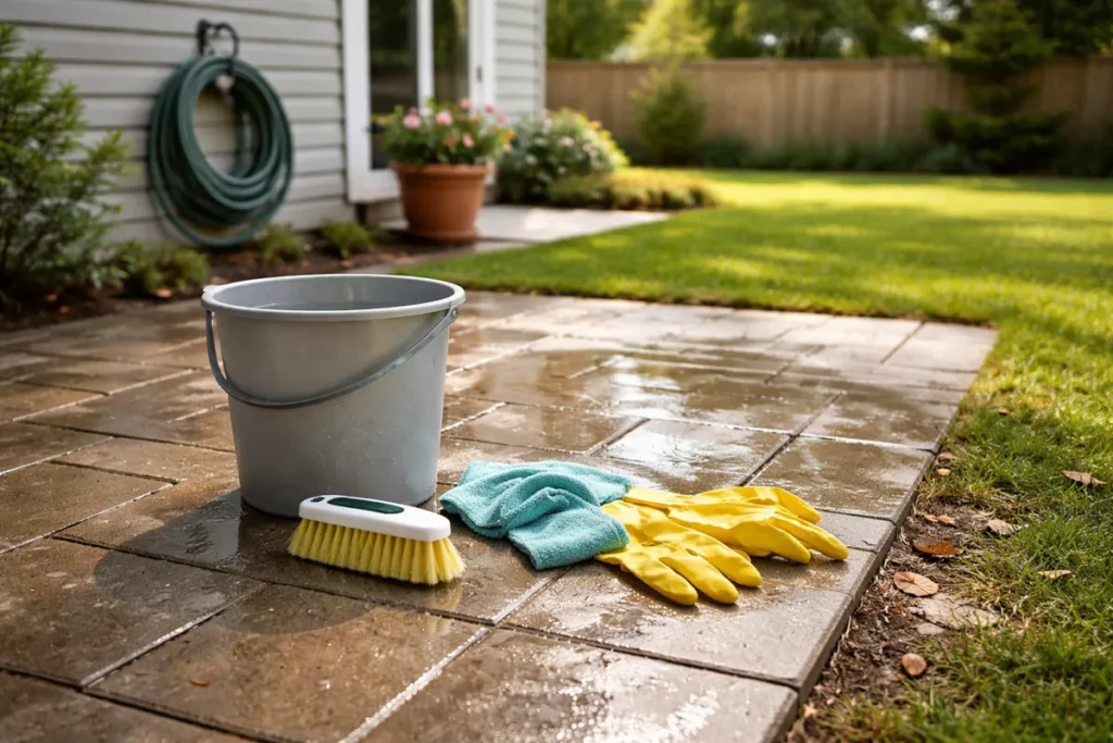 Wet backyard patio with bucket, scrub brush, gloves, and cloth after rinsing