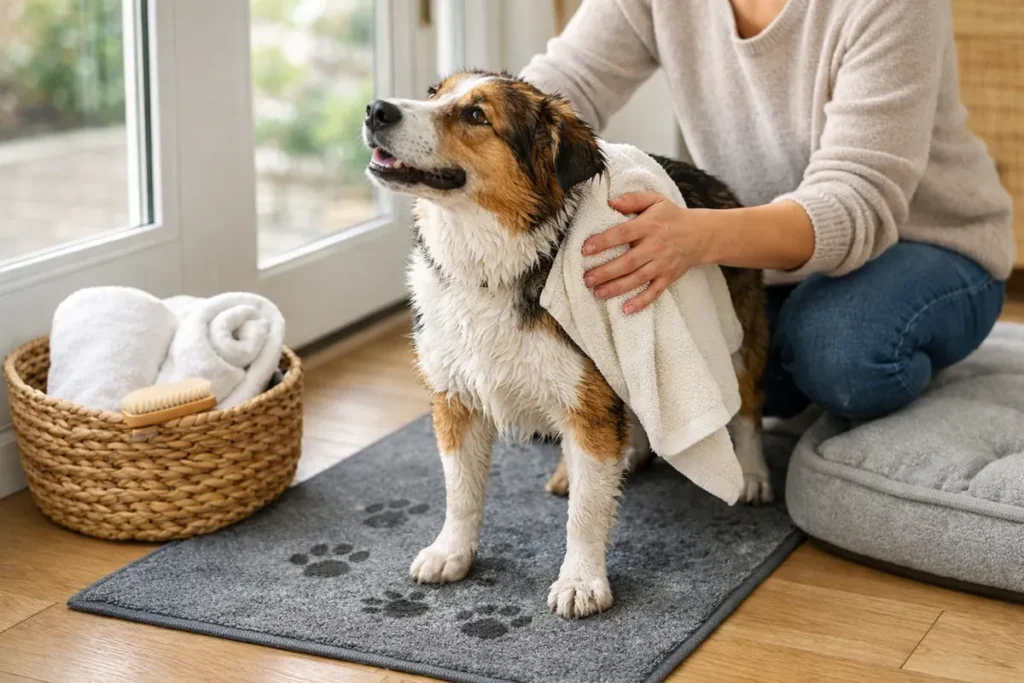 Wet dog being towel dried indoors on a mat