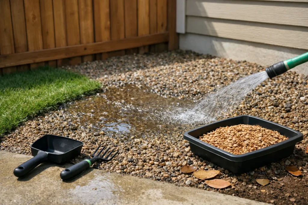 Rinsing a gravel yard area with water to remove dog pee smell