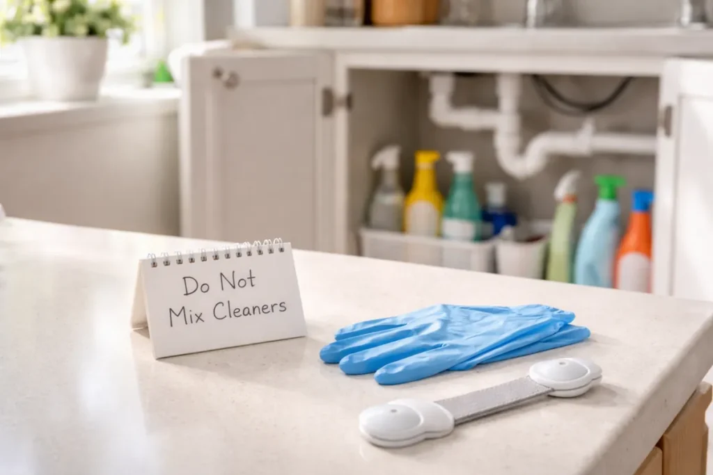 Safety reminder not to mix cleaning products under a kitchen sink