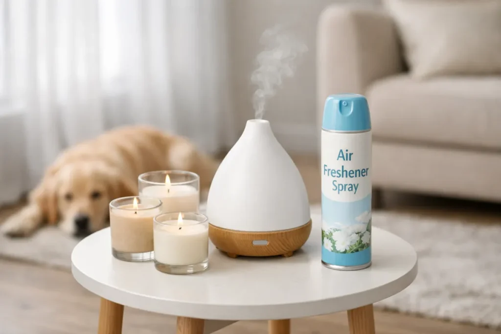 Scented candles, essential oil diffuser, and air freshener spray on a table while a dog rests in the background