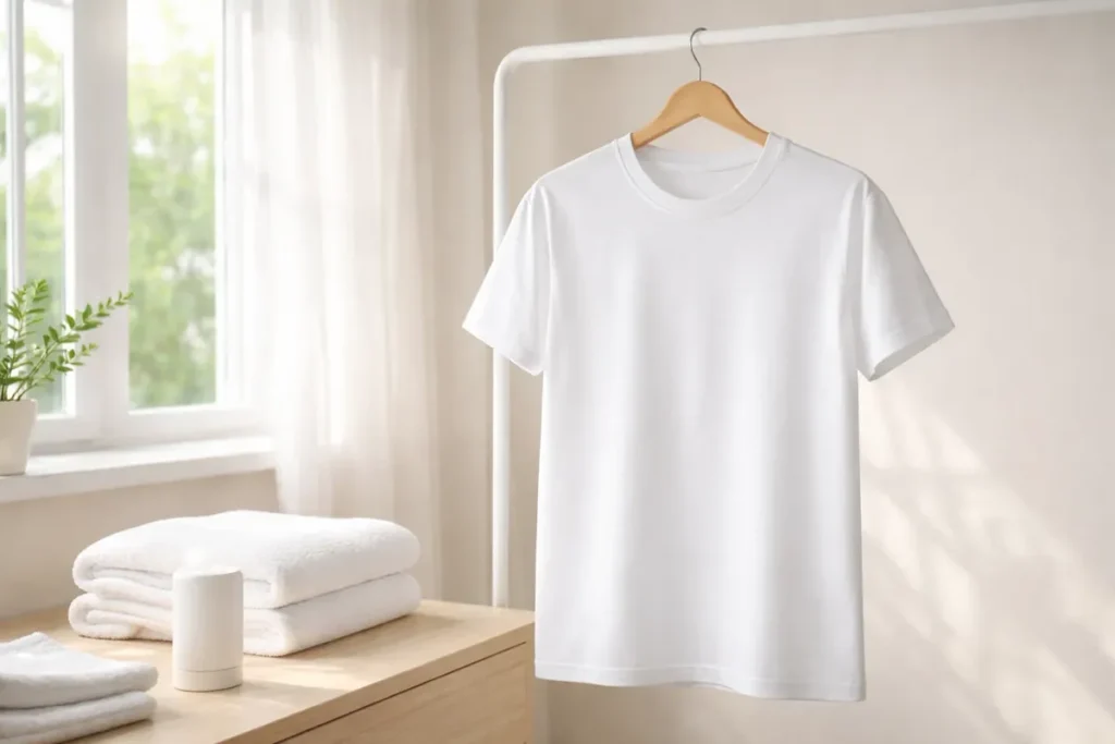 Clean white shirt hanging indoors in bright natural daylight
