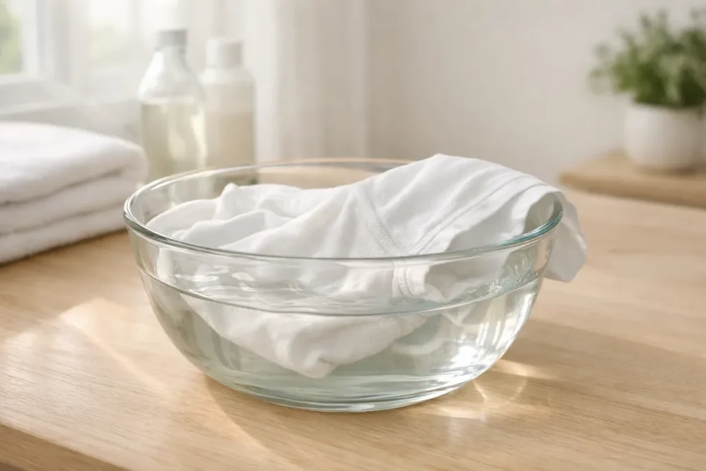 White shirt soaking in a vinegar and water solution indoors
