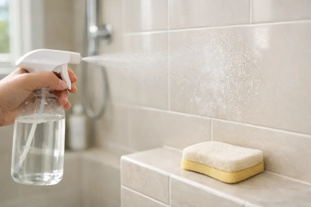 Hand spraying white vinegar onto shower wall to loosen soap scum and mineral residue