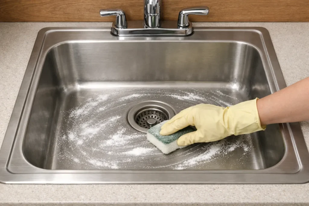 Baking soda scrub being used to clean a stainless steel sink