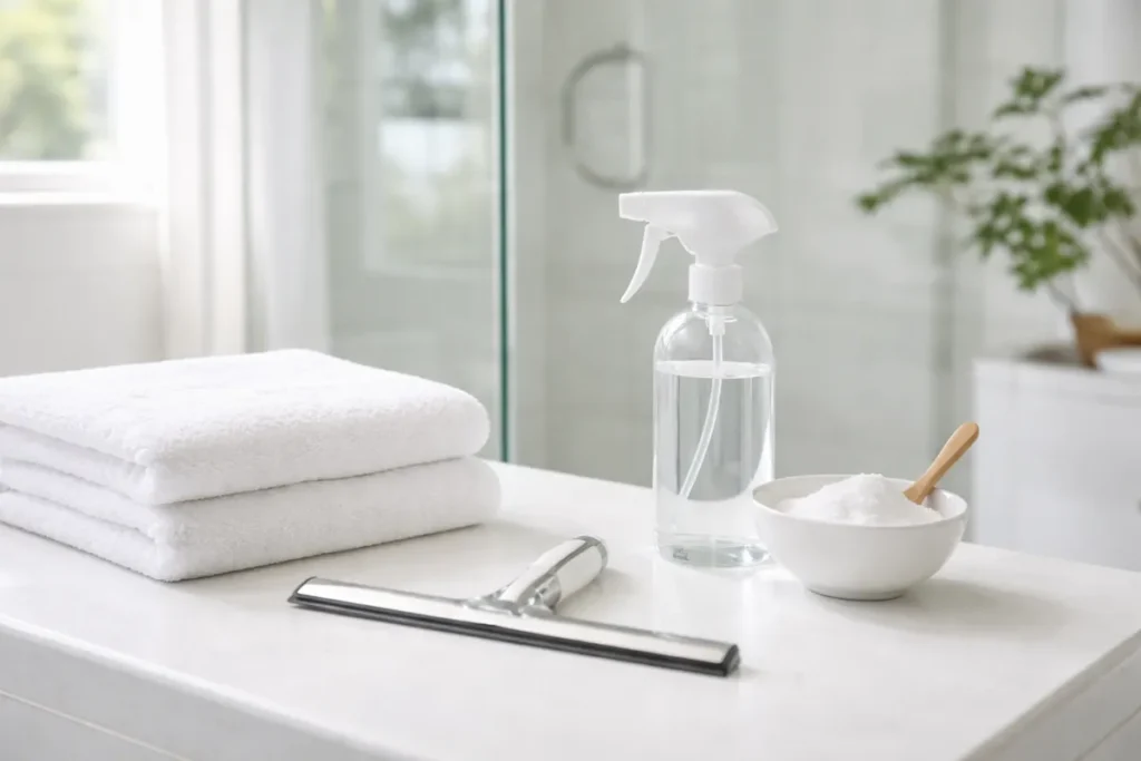 Spray bottle, baking soda, towels, and squeegee on a bright bathroom counter