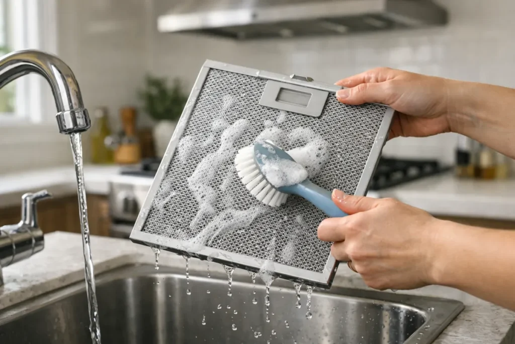 washing range hood filter with brush and soap under running water