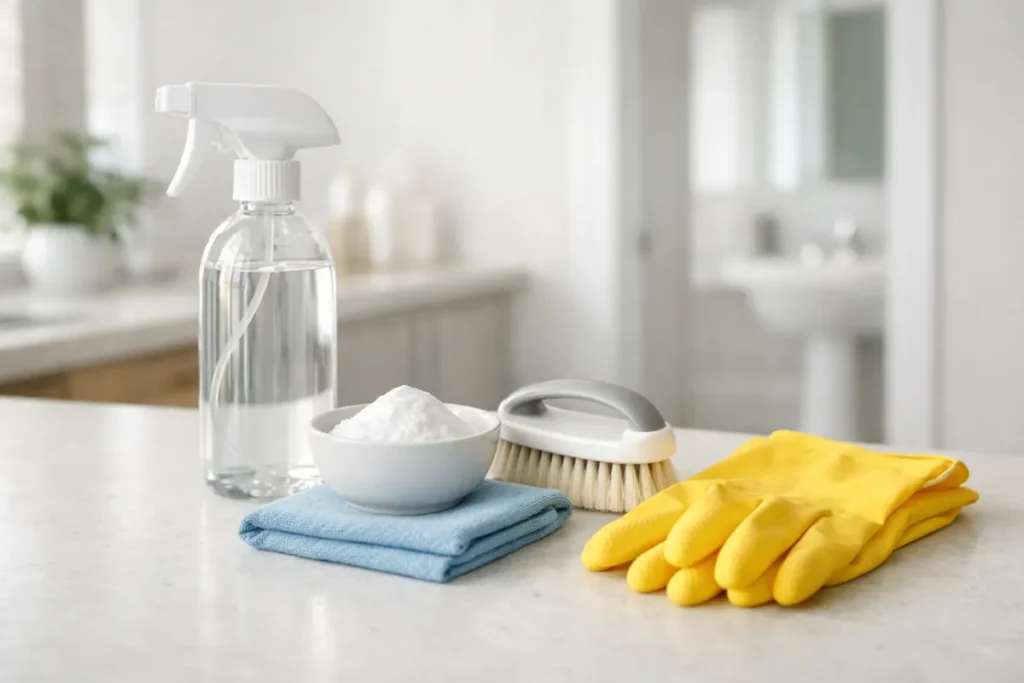 Spray bottle, baking soda, brush, cloth, and yellow gloves on a bathroom counter