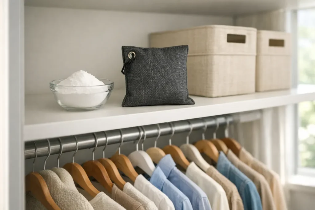 Baking soda and charcoal odor absorber placed on a clean closet shelf above hanging clothes