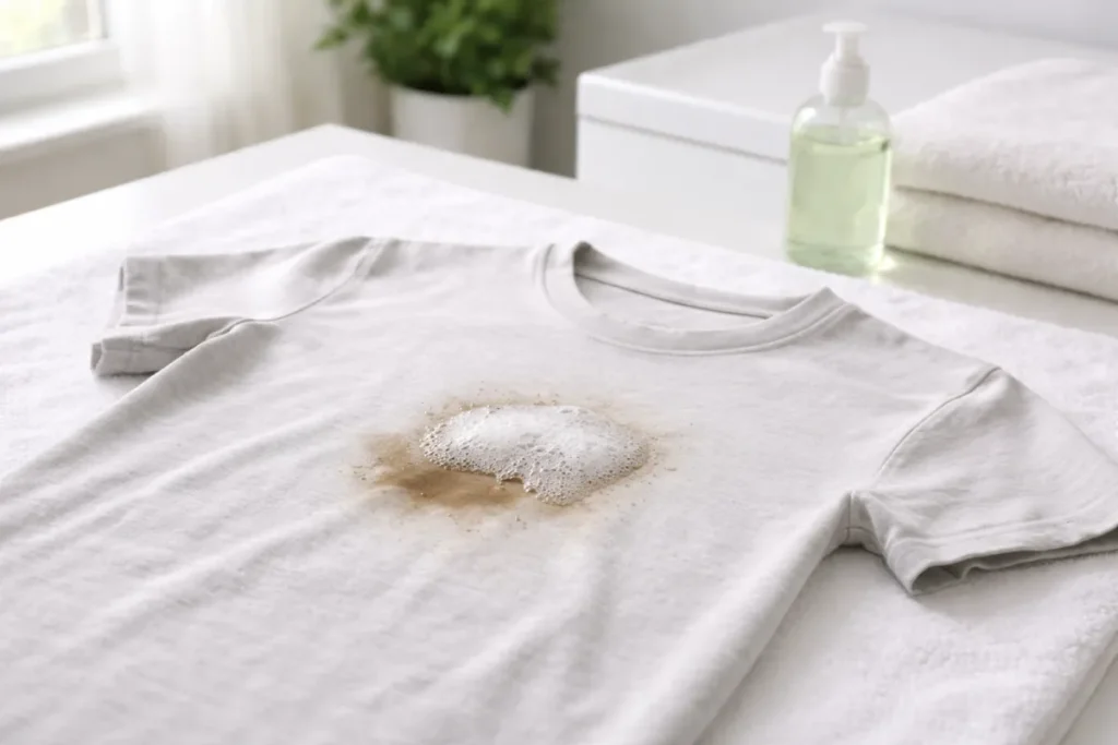 Dish soap foam applied to a grease stain on a light cotton T-shirt before washing