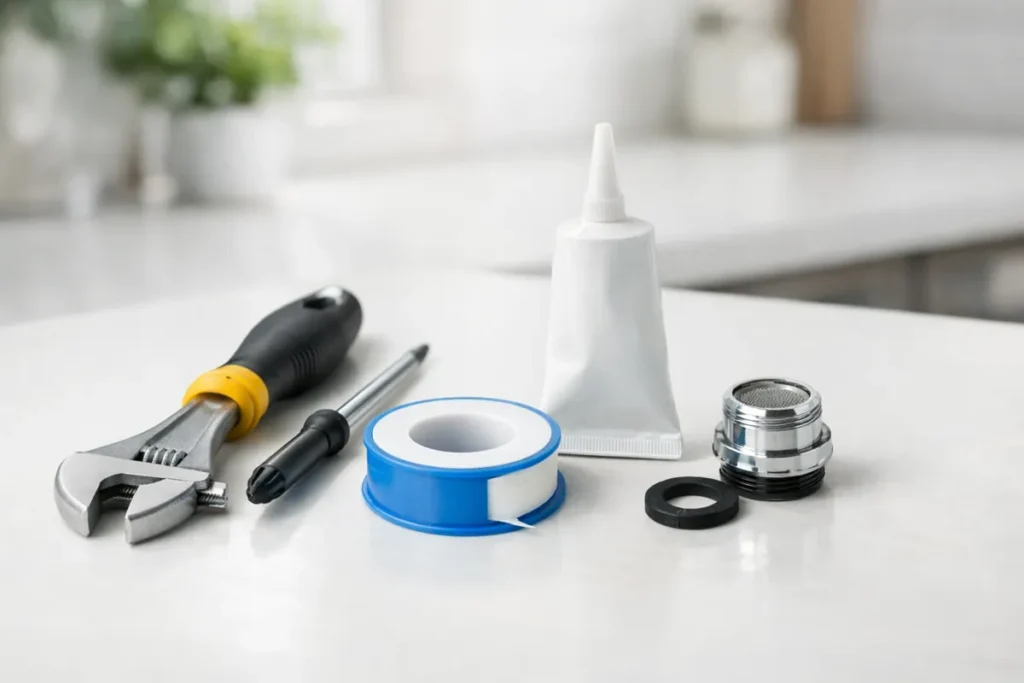 Wrench, screwdriver, sealant, and plumbing parts on a clean countertop