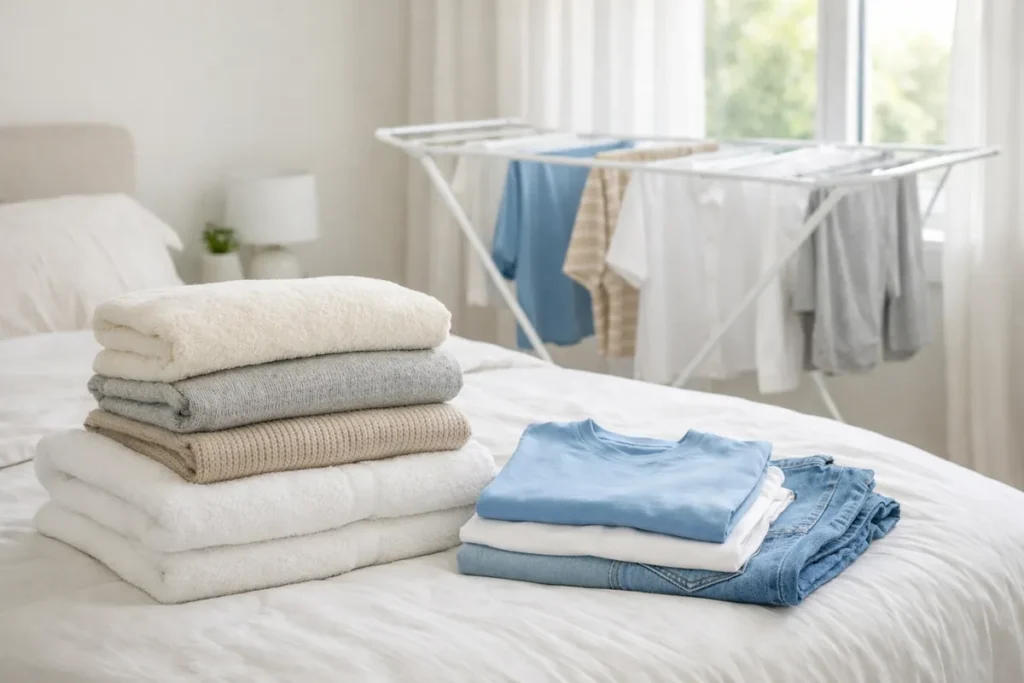 freshly washed clothes folded on a bed with laundry drying rack near a window