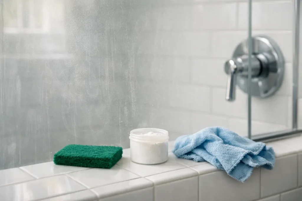 Abrasive pad, powdered cleaner, and microfiber cloth next to a streaked glass shower door