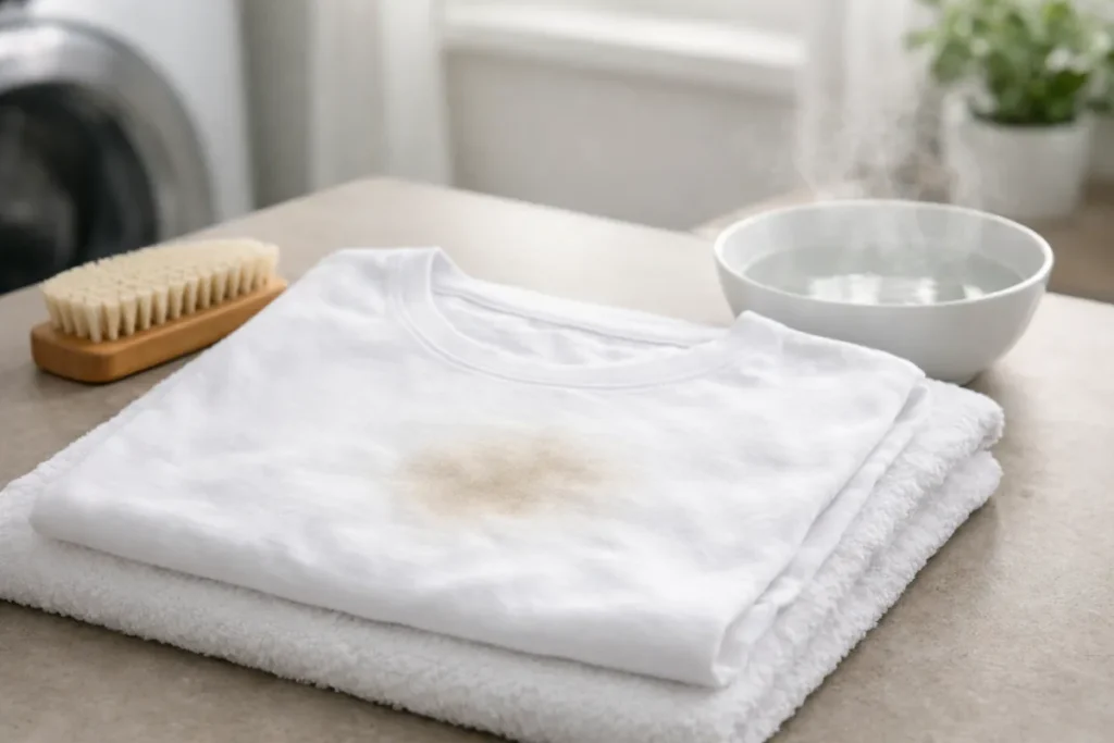 White cotton T-shirt with a light grease stain next to a brush and a bowl of hot water