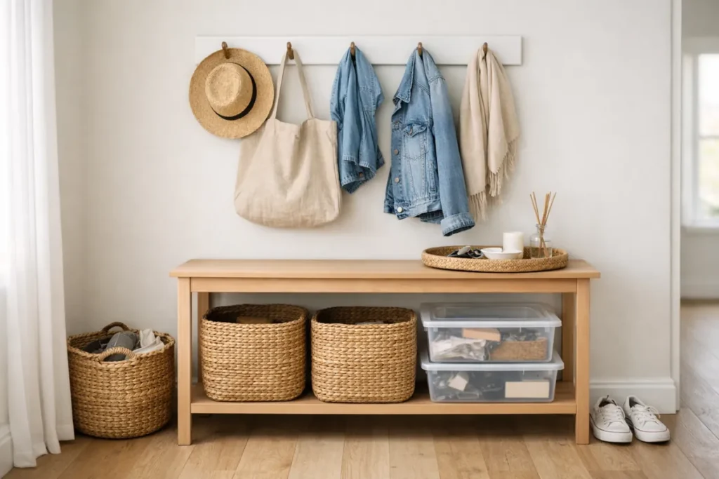 Neatly organized entryway with storage baskets, coats, and wall hooks