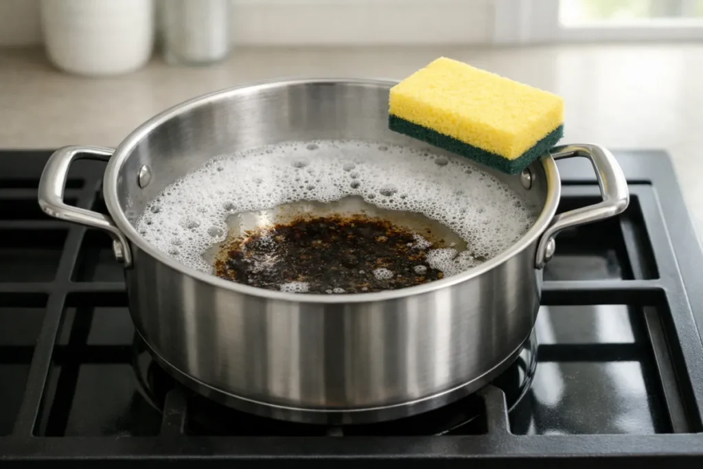burnt pot soaking in hot soapy water on a stovetop
