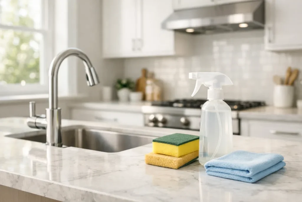 Spray bottle, sponge, and cloth on a clean kitchen counter near a sink