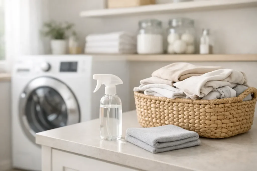 Spray bottle and folded towels beside a laundry basket in a bright laundry room